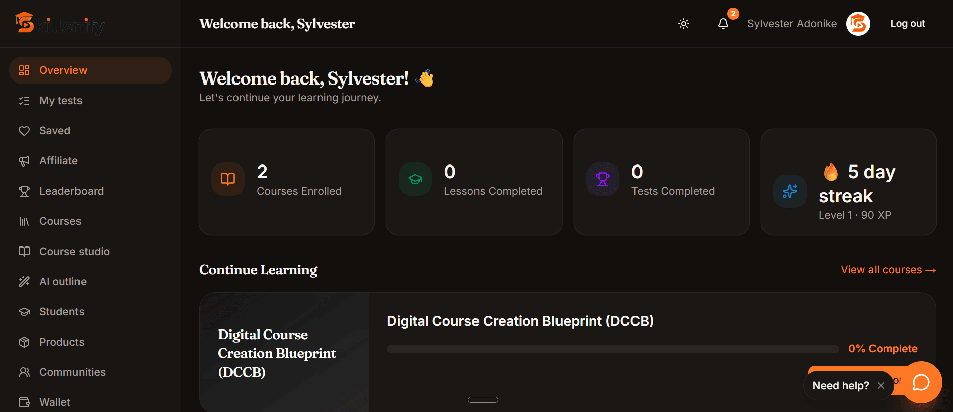 The Skillsnify learner dashboard showing courses enrolled, lessons completed and a five-day streak